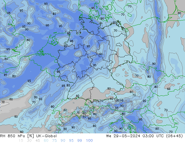 RH 850 hPa UK-Global Mi 29.05.2024 03 UTC