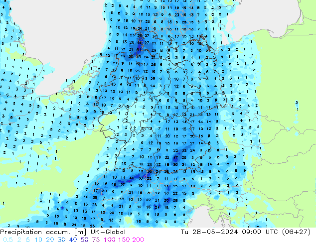 Precipitation accum. UK-Global вт 28.05.2024 09 UTC