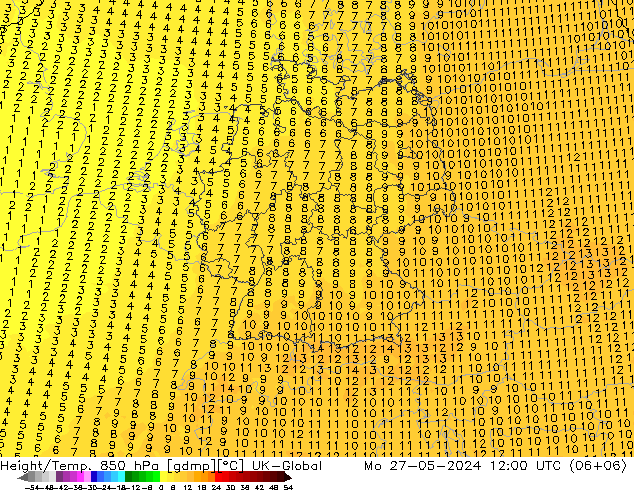 Geop./Temp. 850 hPa UK-Global lun 27.05.2024 12 UTC