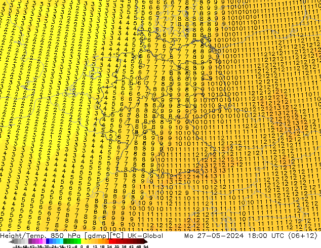 Height/Temp. 850 hPa UK-Global Mo 27.05.2024 18 UTC