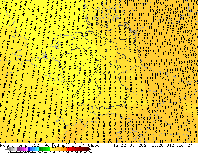 Hoogte/Temp. 850 hPa UK-Global di 28.05.2024 06 UTC