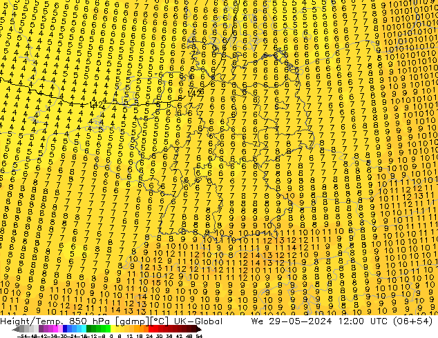 Height/Temp. 850 hPa UK-Global We 29.05.2024 12 UTC