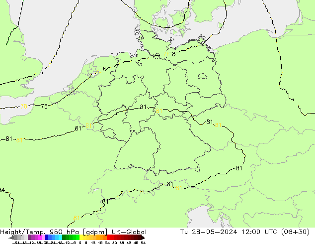 Height/Temp. 950 hPa UK-Global wto. 28.05.2024 12 UTC