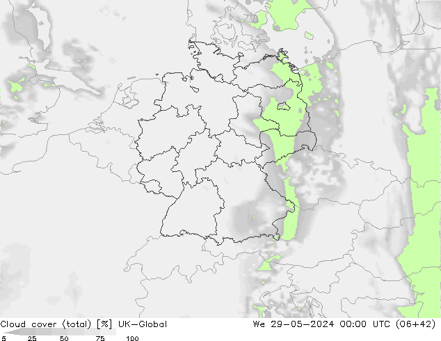 Cloud cover (total) UK-Global We 29.05.2024 00 UTC