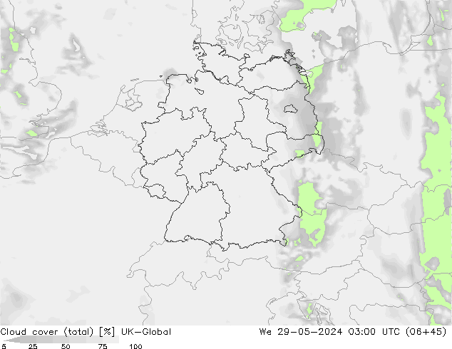 Cloud cover (total) UK-Global We 29.05.2024 03 UTC