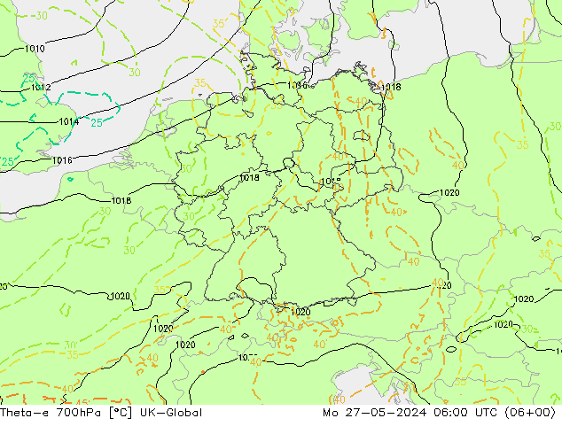 Theta-e 700hPa UK-Global Mo 27.05.2024 06 UTC