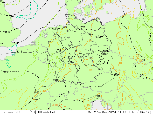 Theta-e 700hPa UK-Global Mo 27.05.2024 18 UTC