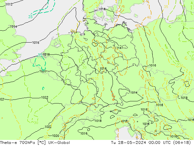Theta-e 700hPa UK-Global Tu 28.05.2024 00 UTC
