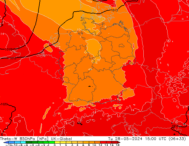 Theta-W 850hPa UK-Global Út 28.05.2024 15 UTC