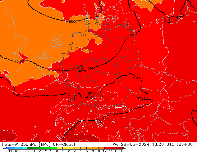 Theta-W 850hPa UK-Global mer 29.05.2024 18 UTC
