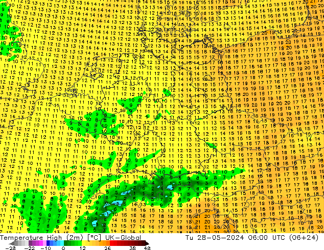 Nejvyšší teplota (2m) UK-Global Út 28.05.2024 06 UTC