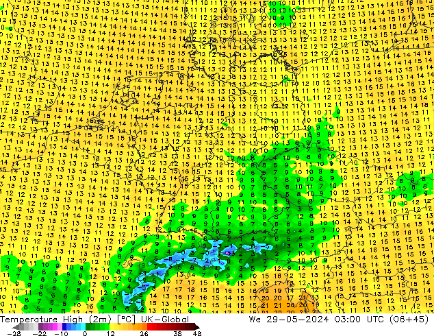 Temperature High (2m) UK-Global We 29.05.2024 03 UTC