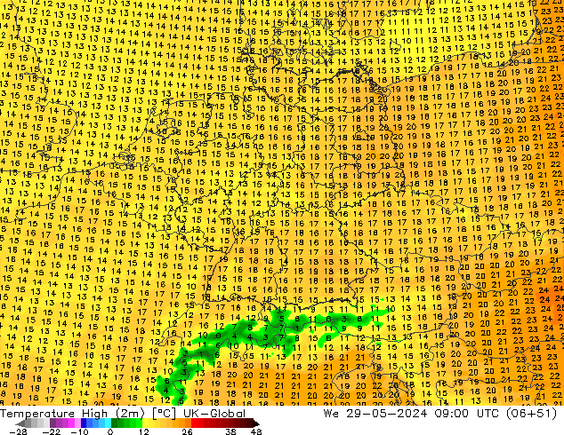 Temperature High (2m) UK-Global We 29.05.2024 09 UTC