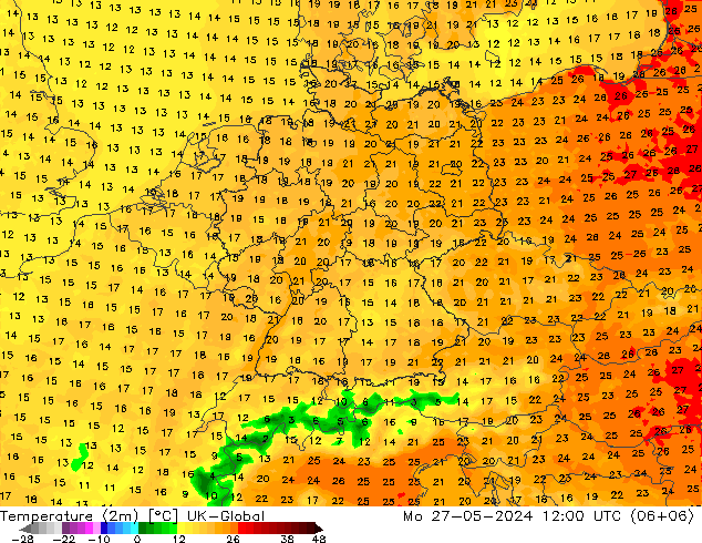 Temperature (2m) UK-Global Mo 27.05.2024 12 UTC