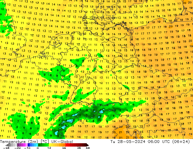 Temperatura (2m) UK-Global mar 28.05.2024 06 UTC