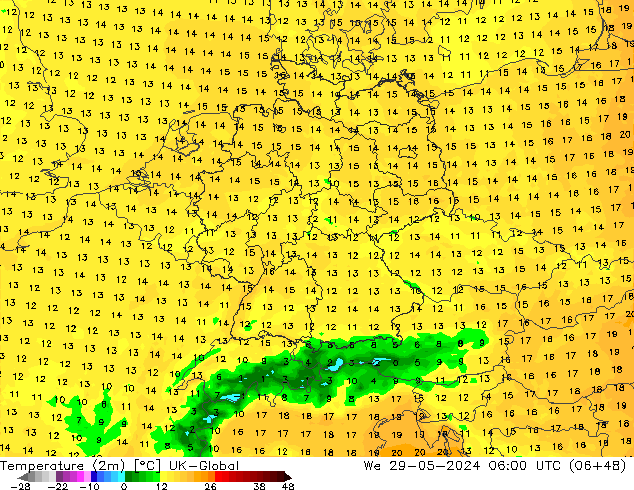 mapa temperatury (2m) UK-Global śro. 29.05.2024 06 UTC