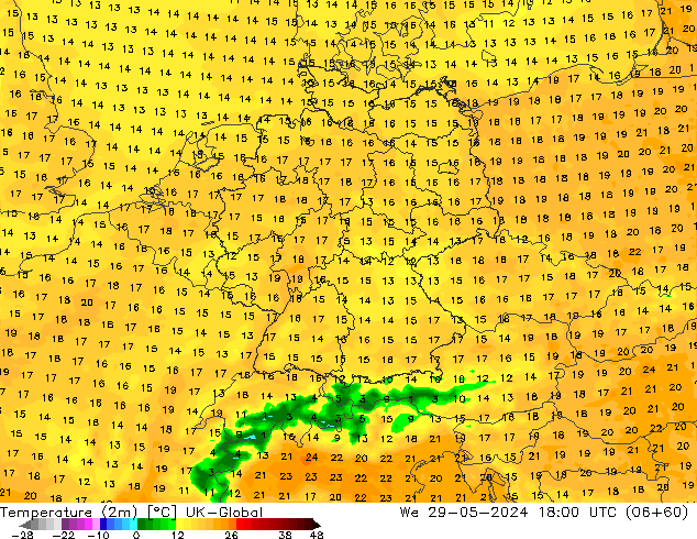 Temperatuurkaart (2m) UK-Global wo 29.05.2024 18 UTC