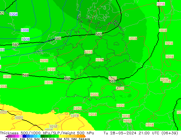 Thck 500-1000гПа UK-Global вт 28.05.2024 21 UTC