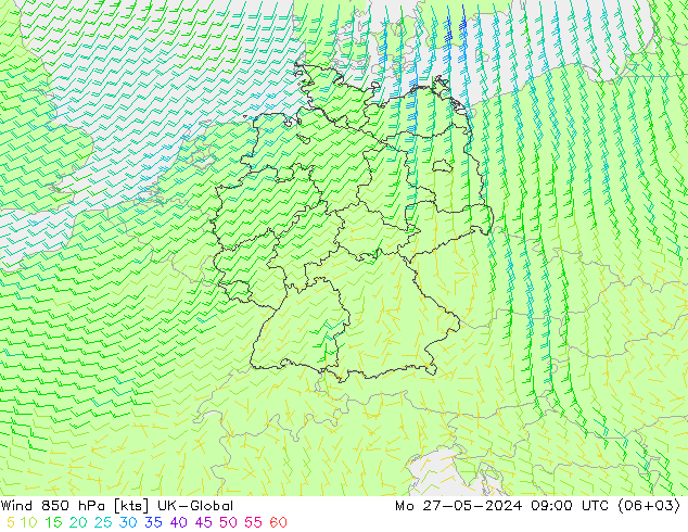 Wind 850 hPa UK-Global Po 27.05.2024 09 UTC