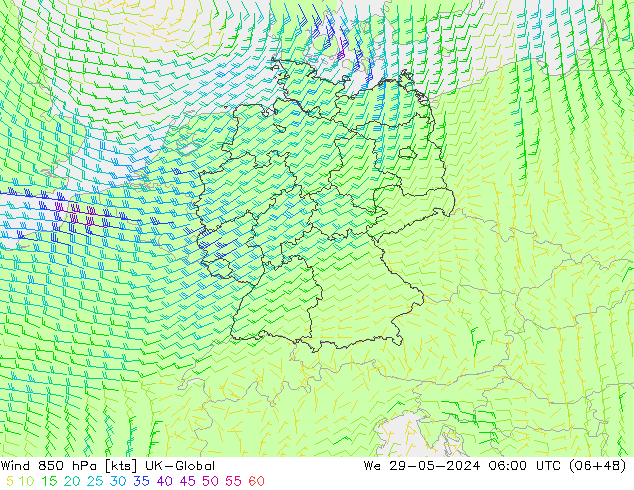 Wind 850 hPa UK-Global We 29.05.2024 06 UTC