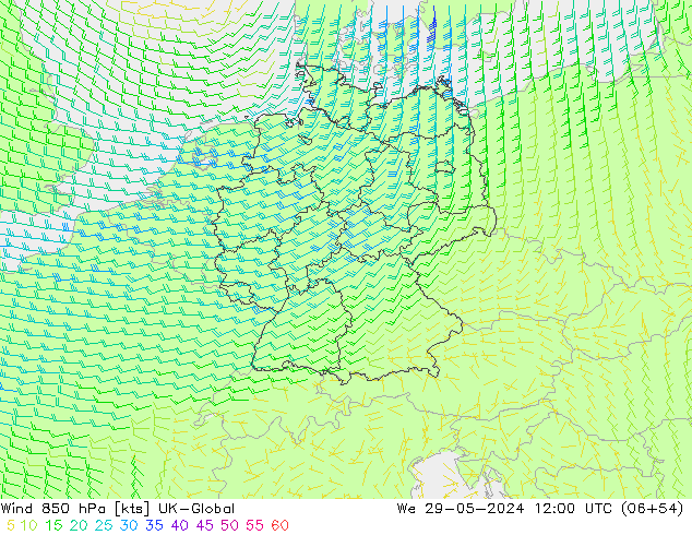 Wind 850 hPa UK-Global We 29.05.2024 12 UTC