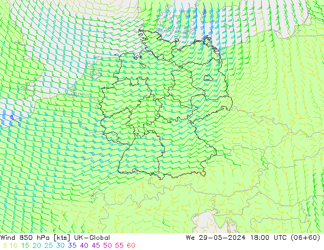 Wind 850 hPa UK-Global We 29.05.2024 18 UTC