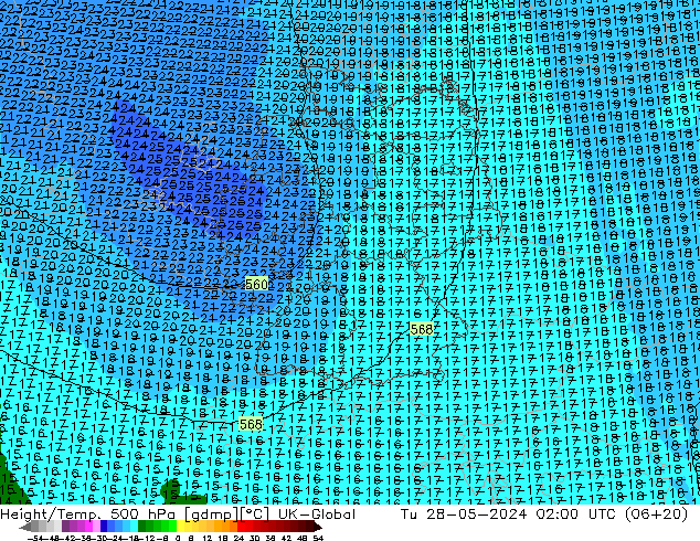 Yükseklik/Sıc. 500 hPa UK-Global Sa 28.05.2024 02 UTC