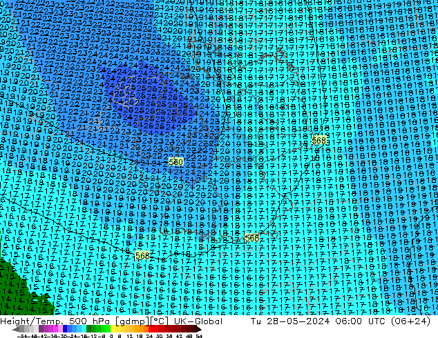 Height/Temp. 500 hPa UK-Global mar 28.05.2024 06 UTC