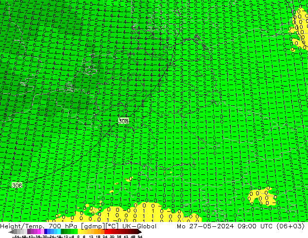 Hoogte/Temp. 700 hPa UK-Global ma 27.05.2024 09 UTC