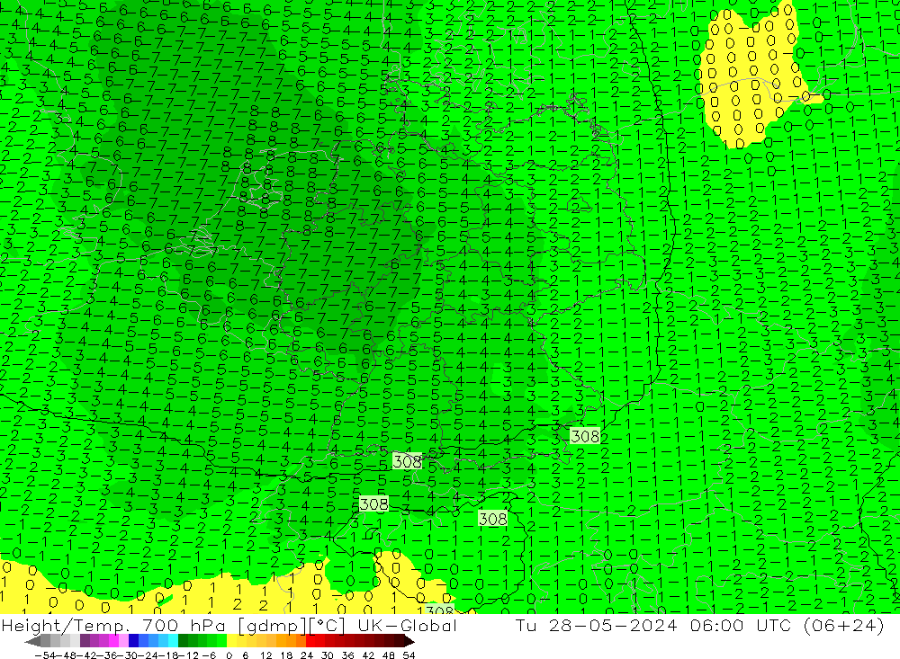 Height/Temp. 700 hPa UK-Global 星期二 28.05.2024 06 UTC