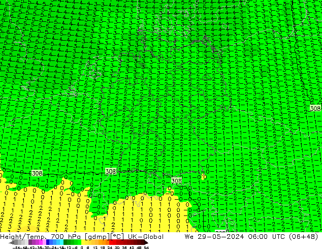 Height/Temp. 700 гПа UK-Global ср 29.05.2024 06 UTC