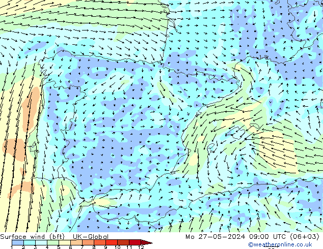 wiatr 10 m (bft) UK-Global pon. 27.05.2024 09 UTC