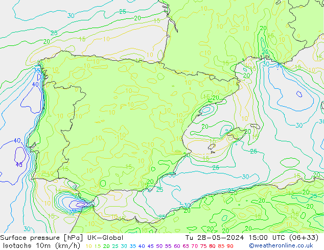 Isotachs (kph) UK-Global  28.05.2024 15 UTC