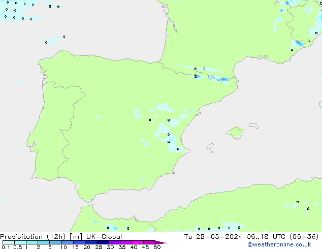 Precipitation (12h) UK-Global Tu 28.05.2024 18 UTC