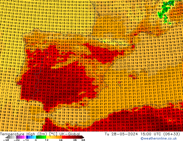 Temp. massima (2m) UK-Global mar 28.05.2024 15 UTC