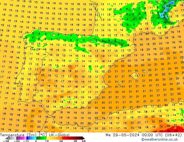 Temperatura (2m) UK-Global Qua 29.05.2024 00 UTC
