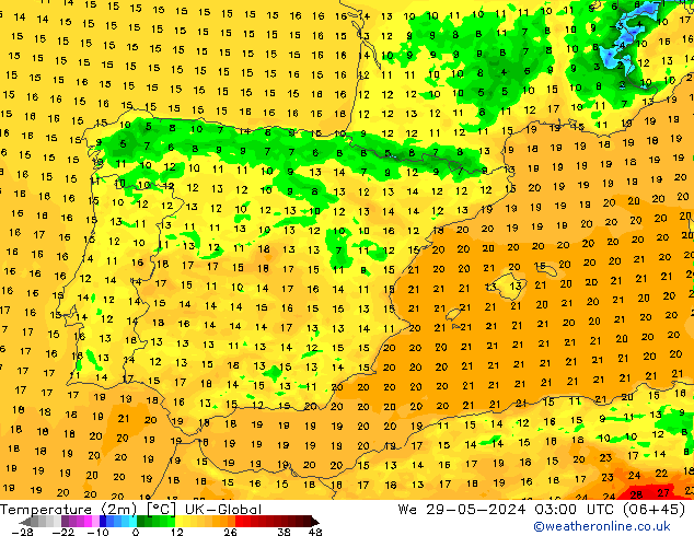 mapa temperatury (2m) UK-Global śro. 29.05.2024 03 UTC