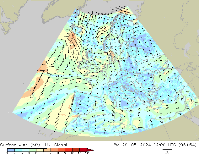 Surface wind (bft) UK-Global We 29.05.2024 12 UTC