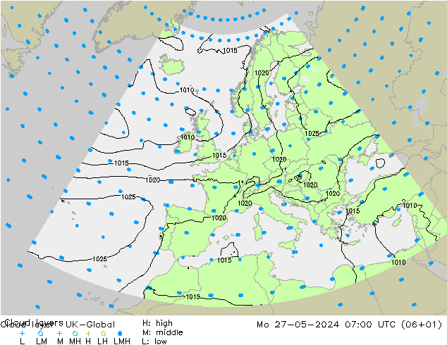 Cloud layer UK-Global 星期一 27.05.2024 07 UTC