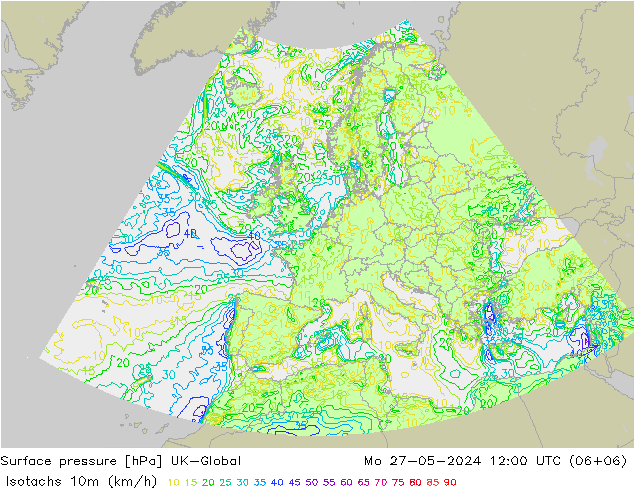 Isotachs (kph) UK-Global Po 27.05.2024 12 UTC