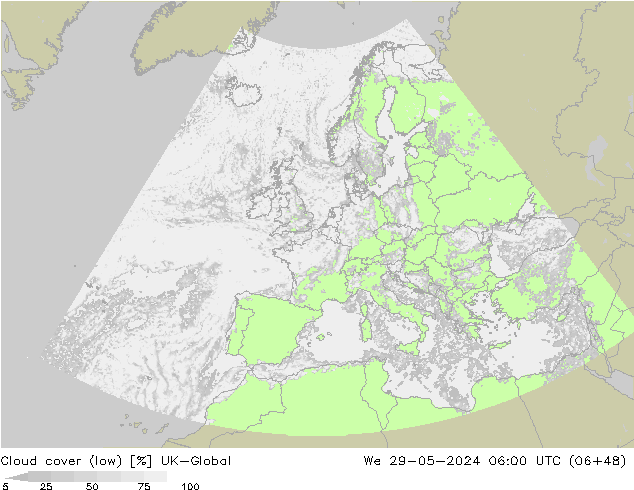 Cloud cover (low) UK-Global We 29.05.2024 06 UTC