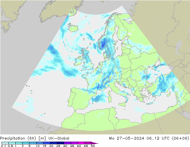 Precipitation (6h) UK-Global Mo 27.05.2024 12 UTC