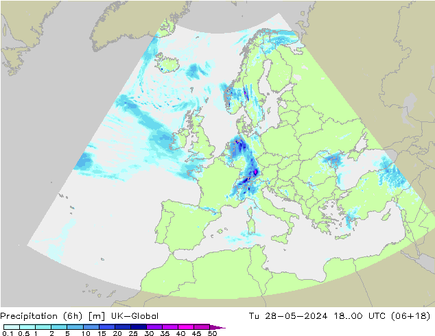 Totale neerslag (6h) UK-Global di 28.05.2024 00 UTC