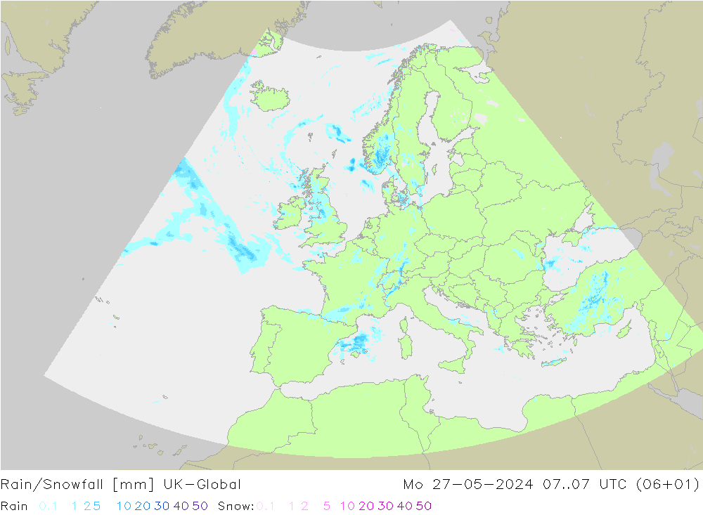 Rain/Snowfall UK-Global пн 27.05.2024 07 UTC