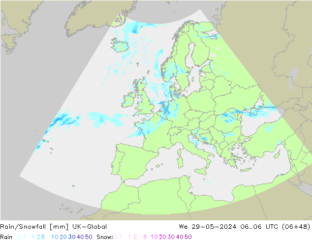 Rain/Snowfall UK-Global Qua 29.05.2024 06 UTC