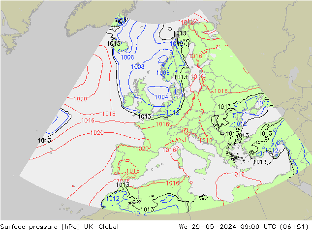 Surface pressure UK-Global We 29.05.2024 09 UTC