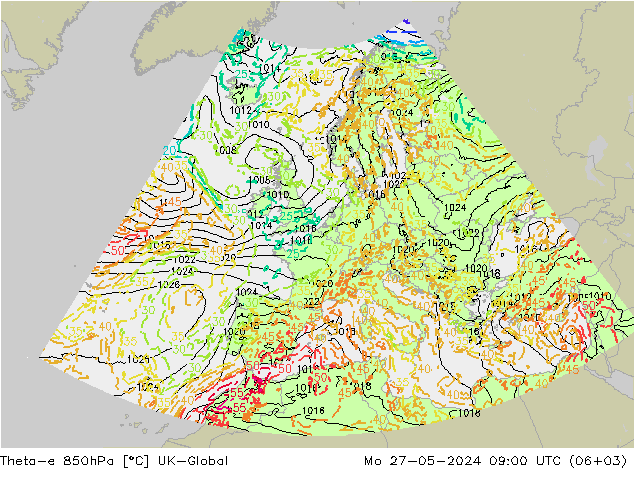 Theta-e 850hPa UK-Global lun 27.05.2024 09 UTC