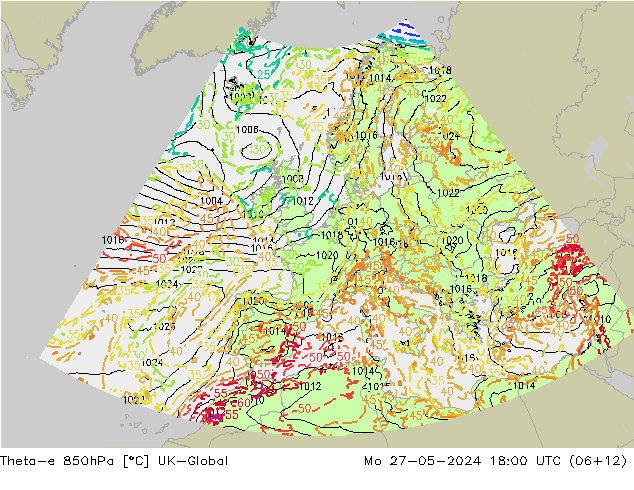 Theta-e 850hPa UK-Global Mo 27.05.2024 18 UTC
