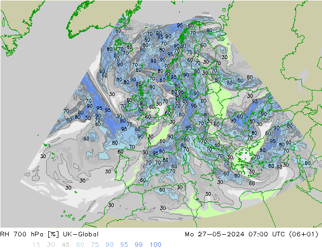 RH 700 hPa UK-Global Mo 27.05.2024 07 UTC