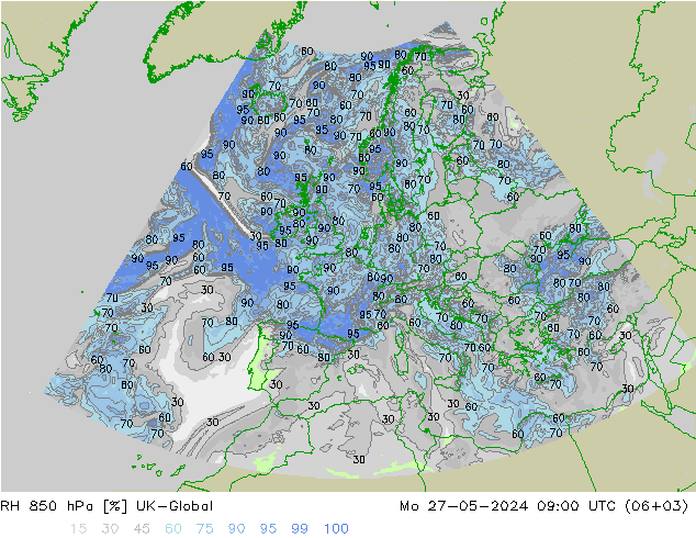 RH 850 hPa UK-Global pon. 27.05.2024 09 UTC